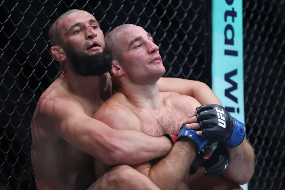 NEWARK, NEW JERSEY - MAY 09: Khamzat Chimaev of the United Arab Emirates and Sean Strickland of the United States in a middleweight title bout during UFC 328 at the Prudential Center on May 09, 2026 in Newark, New Jersey. (Photo by Ishika Samant/Getty Images) | Getty Images
